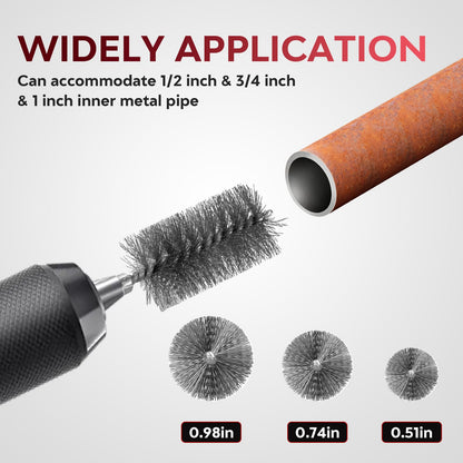 DDayuanwei 1/2" & 3/4" & 1" Copper Pipe Cleaner for Drill, with 1/4 Hex Shank & 3 Stainless Steel Wire Brushe, for Cleaning Rust, Stains, Paint on Copper Pipes and Various Metal Pipes(Red)