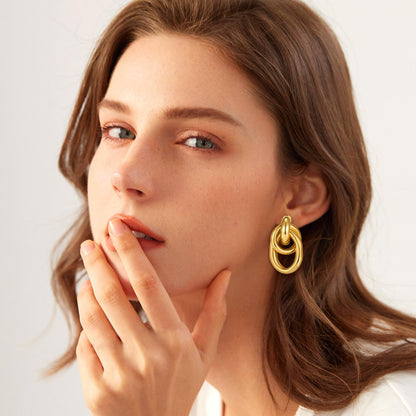 Gold chunky earrings — geometric knot link drop dangle design in 14K gold plated finish