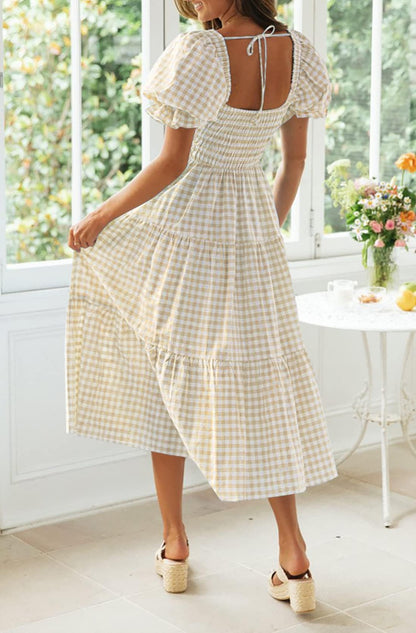 ZESICA dress — Boho gingham puff sleeve midi dress