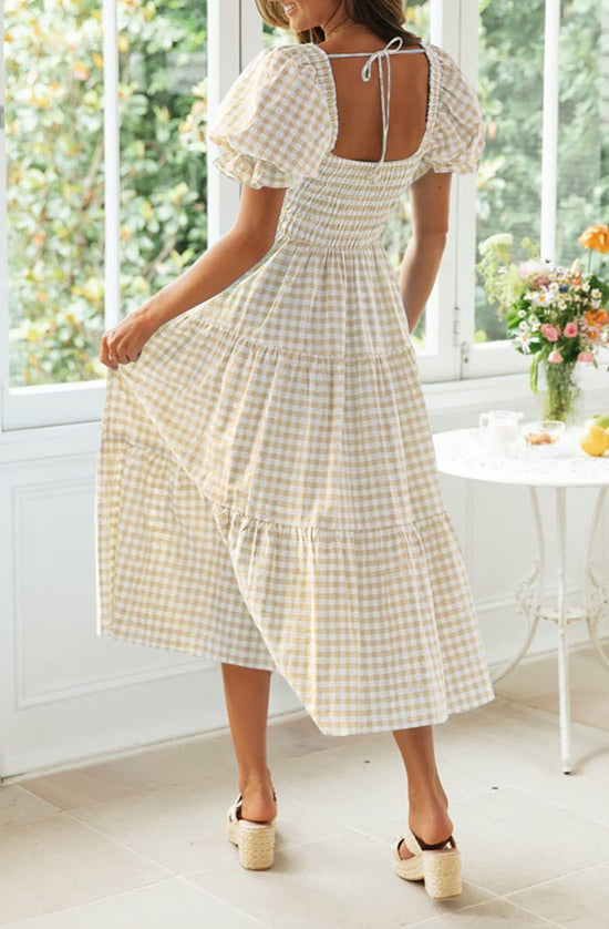 ZESICA dress — Boho gingham puff sleeve midi dress