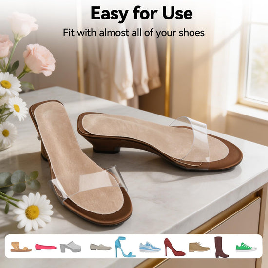 4 Count Pigskin Sandal Inserts for Women Shock Absorb,Self-Adhesive High Heel Inserts Anti Slip, Shoe Cushioning Insoles for Pain Relief, Leather Barefoot Inserts Sockless Insoles for All Shoes, M