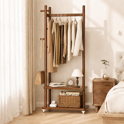 Taitiy freestanding clothes rack with wheels and storage shelves and hooks