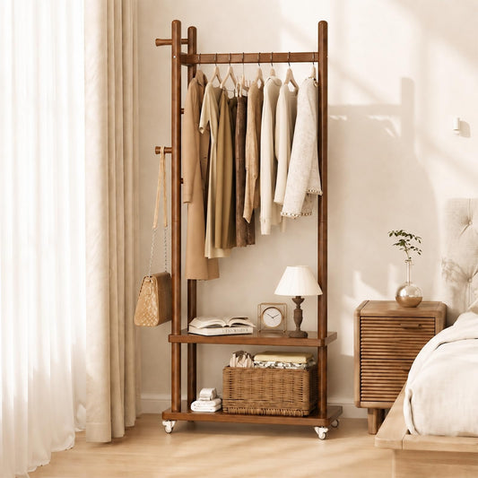Taitiy freestanding clothes rack with wheels and storage shelves and hooks