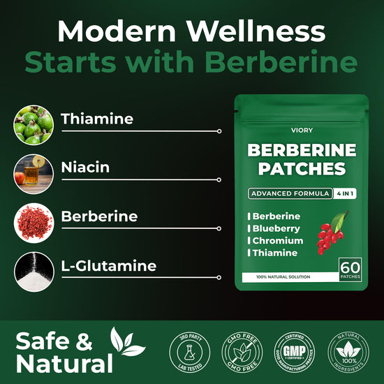 VIORY Berberine Patches | Berberine Patch with L-Glutamine, Garcinia Cambogia, Resveratrol for Women & Men | 60 Days Supply