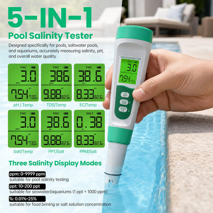 Salt Tester for Saltwater Pool & PH Meter, High Accuracy Pool Salt Tester, 5 in 1 Salinity PH Temp EC TDS Meter for Pool Hot Tub Swimming Aquarium, Daily Maintenance & Water Quality Testing, Green