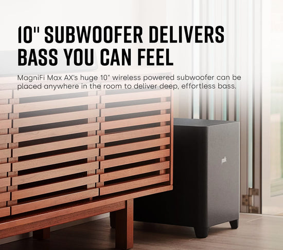 Polk Audio MagniFi Max SR speakers — surround sound bar with wireless subwoofer and voice control.