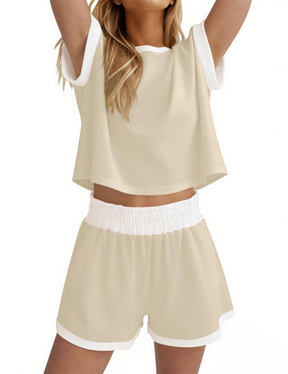 MISSACTIVER coordinated outfit — stripe knit short sleeve tee and shorts set for summer loungewear
