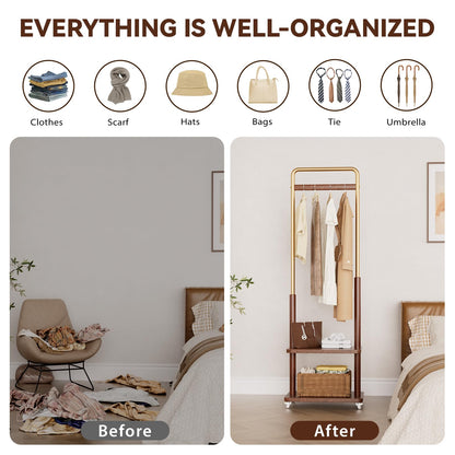 Taitiy clothes rack - Solid wood with double shelf and wheels for freestanding storage.