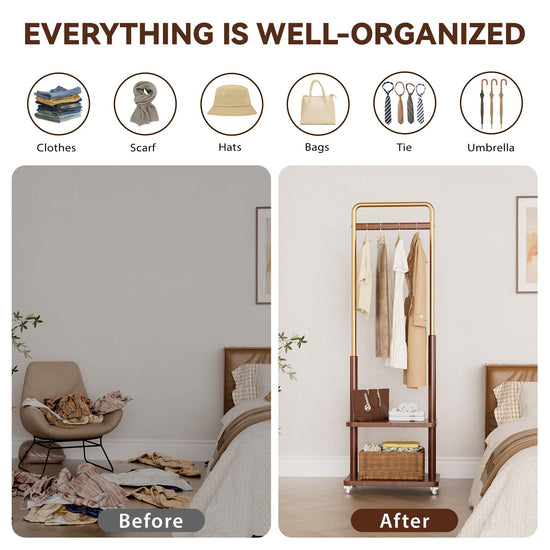Taitiy clothes rack - Solid wood with double shelf and wheels for freestanding storage.