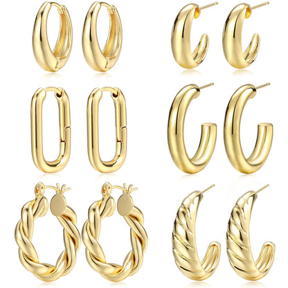 Earring set — 6 pairs of gold plated chunky open twisted hoops