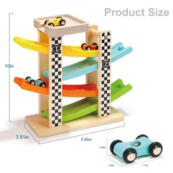 Toy vehicle set — Wooden race track with 4 mini cars for toddlers 1-2 years old