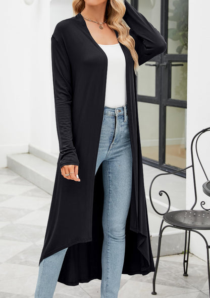 Women's cardigan with pockets - lightweight open front duster with high low hem