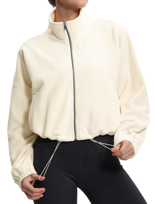 Coat — Fleece cropped jacket with drawstring hem and pockets by The Gym People