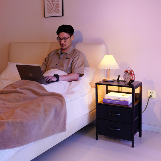 Yoobure nightstand with charging station - LED design with fabric drawers and USB ports