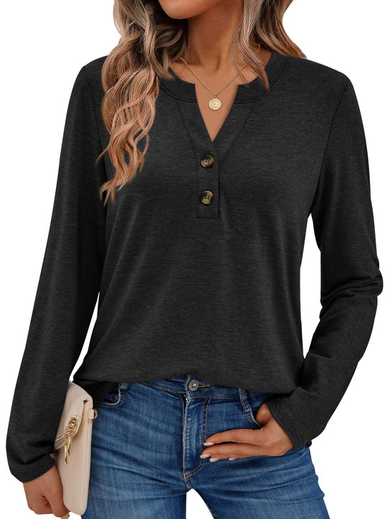 AUTOMET women's long sleeve shirt — trendy henley blouse for work outfits