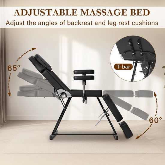 Tattoo Chair for Artist, Esthetician Facial Bed with Adjustable Armrests & Headrest, Split Legs Design Professional Tilting Massage Table with Stool for Eyelashes Spa Tattoo Studio, 440lbs, Black
