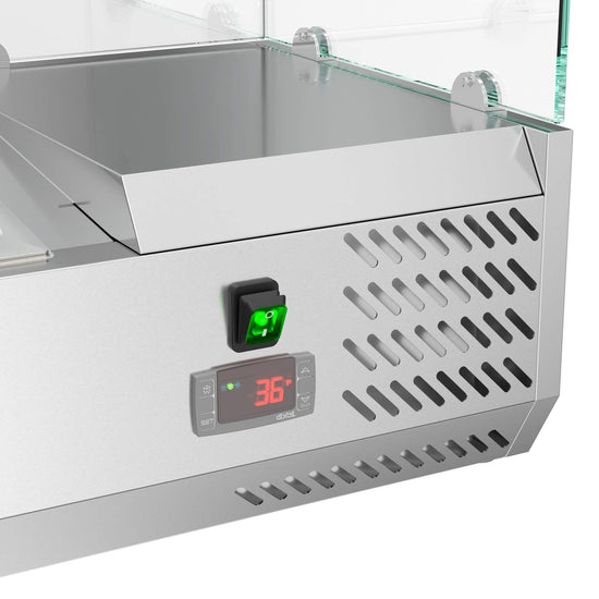 KoolMore refrigerated countertop condiment prep rail with stainless steel cover