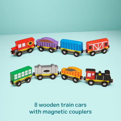 Melissa & Doug wooden train set — 8-piece magnetic train cars with storage tray