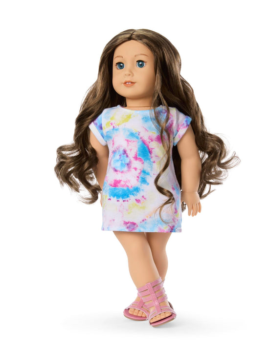 American Girl doll with blue eyes and wavy brown hair for ages 6+