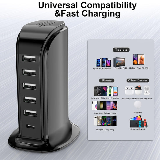 Charging adapter — Fast USB tower charging station blockCharging adapter — USB tower charging station with fast charging capability