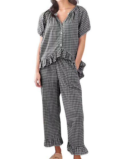 Codcm pajamas — Gingham 2 piece short sleeve babydoll set with pants