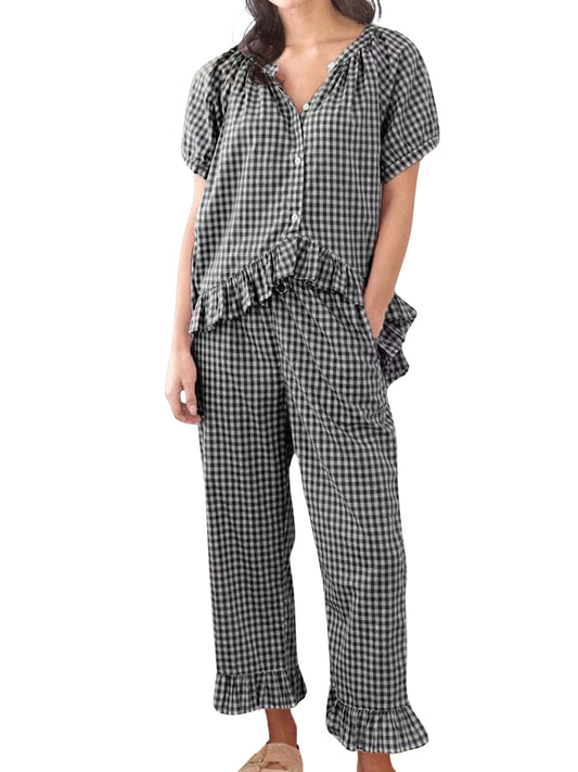 Codcm pajamas — Gingham 2 piece short sleeve babydoll set with pants