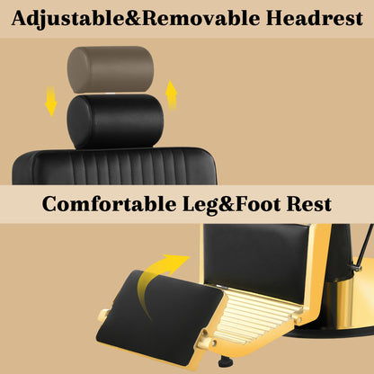 Hicomony Vintage Barber Chairs for Barbershop Reclining, Black Gold Professional Hydraulic Salon Chair for Hair Stylist, 360 Degrees Rolling Swivel, Heavy Duty All Purpose Beauty Tattoo Armchair