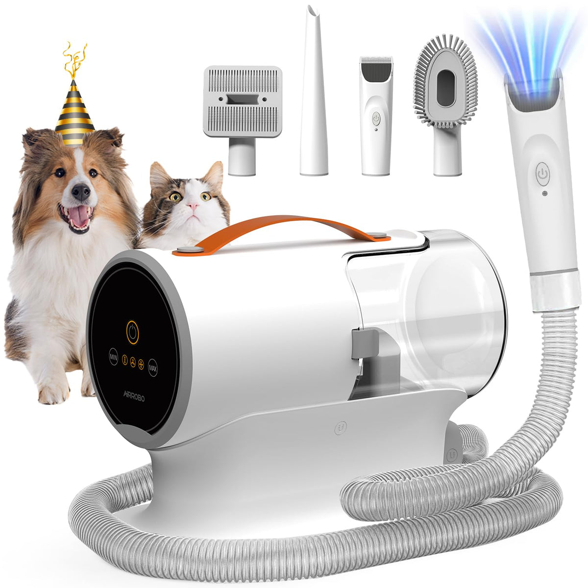 AIRROBO dog grooming vacuum with 7 grooming tools and 12000Pa suction power.
