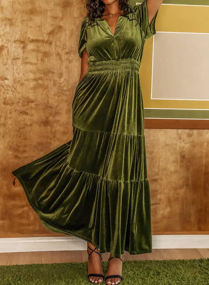 R.Vivimos women's vintage velvet maxi dress with short sleeves and ruffles