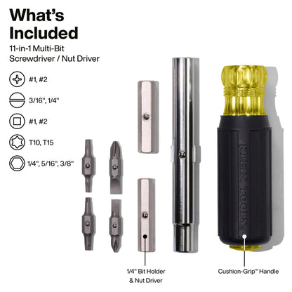 Klein Tools 11-in-1 screwdriver with cushion grip handle and bits set