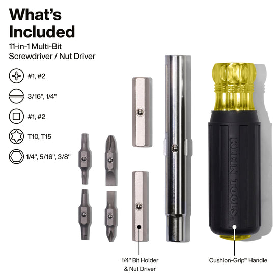 Klein Tools 11-in-1 screwdriver with cushion grip handle and bits set