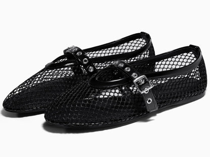Coutgo womens mesh ballet flats - Comfortable Mary Jane style shoes with buckle strap