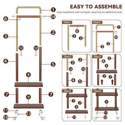 Taitiy clothes rack - Solid wood with double shelf and wheels for freestanding storage.