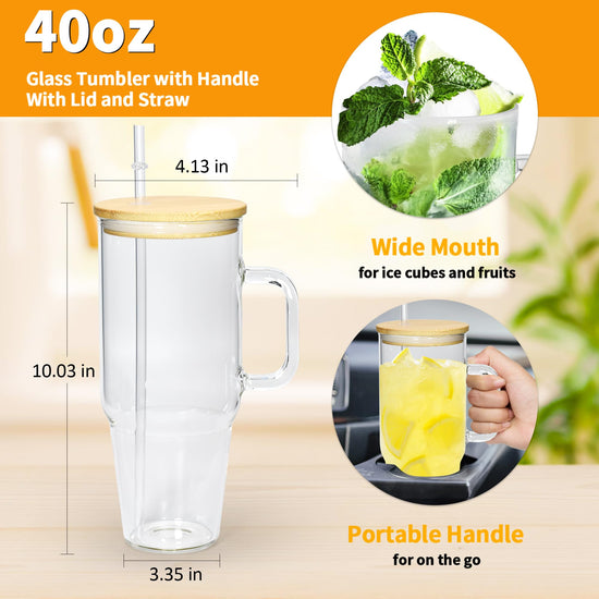 FECBK 40 oz glass tumbler with handle - high capacity and comfortable grip.FECBK drinking cup — 40 oz glass tumbler with handle and comfortable grip.
