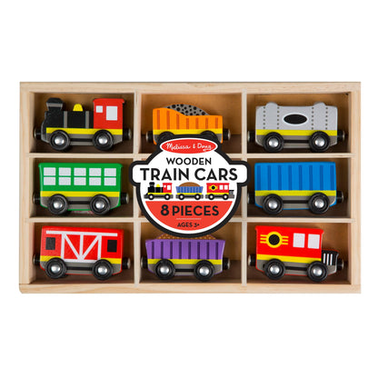 Melissa & Doug wooden train set — 8-piece magnetic train cars with storage tray