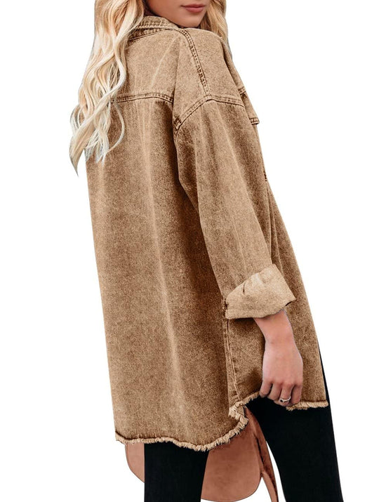 Vetinee women's oversized shacket with frayed hem and pockets
