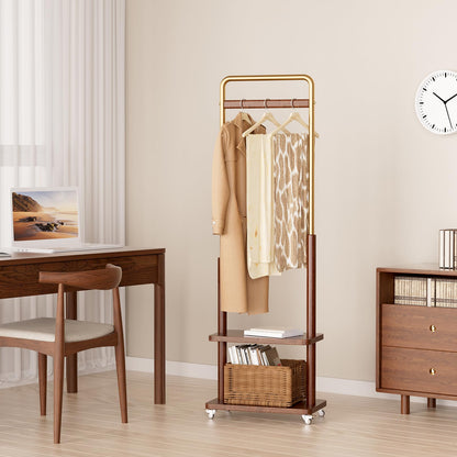 Taitiy clothes rack - Solid wood with double shelf and wheels for freestanding storage.