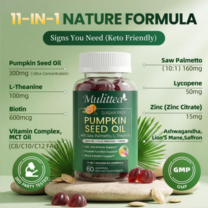 (2 Pack) Pumpkin Seed Oil with Saw Palmetto Gummies, Plus L-Theanine for Mood, Hair & Prostate Support* -Virgin Cold Pressed, Essential Fatty Acids & Phytosterols |Non-GMO| for Women & Men-60 Chews