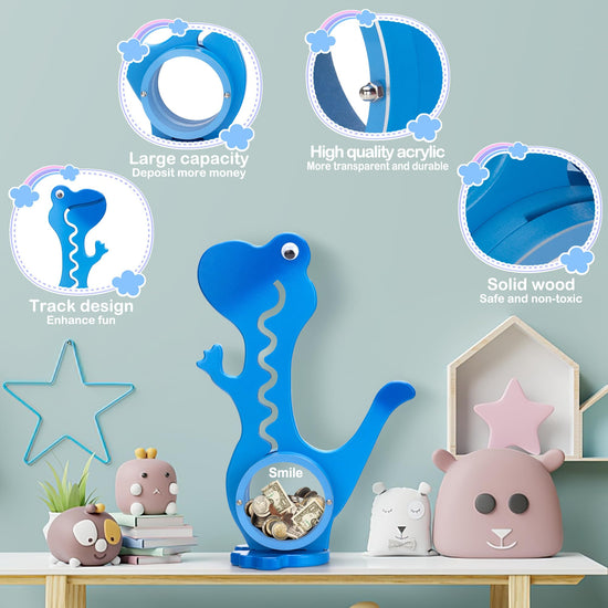 AORCMITN wooden dinosaur piggy bank — clear big belly design for kids