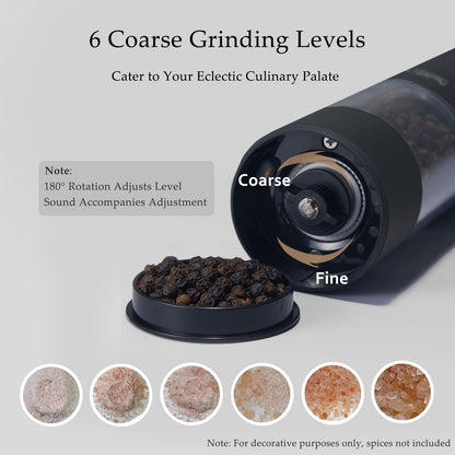 Electric salt and pepper grinder set — electric operation and adjustable coarseness
