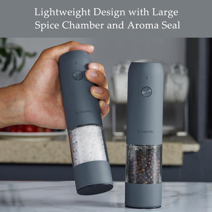 Electric salt and pepper grinder set — electric operation and adjustable coarseness
