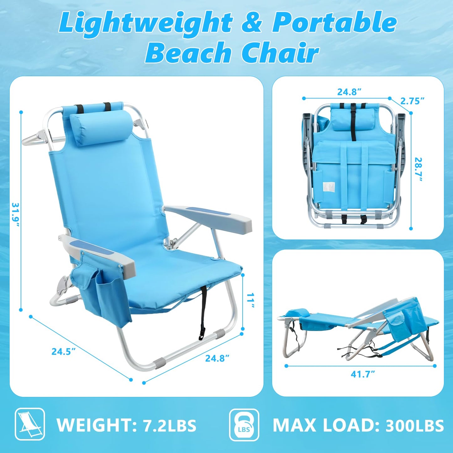Backpack Beach Chairs for Adults, Heavy Duty Compact Portable Lay Flat Folding Chair with Backpack Straps and Large Pocket, 5 Positions Aluminum Reclining Chair for Patio Outdoor,Support to 300LBS
