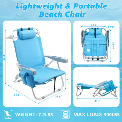 Backpack Beach Chairs for Adults, Heavy Duty Compact Portable Lay Flat Folding Chair with Backpack Straps and Large Pocket, 5 Positions Aluminum Reclining Chair for Patio Outdoor,Support to 300LBS