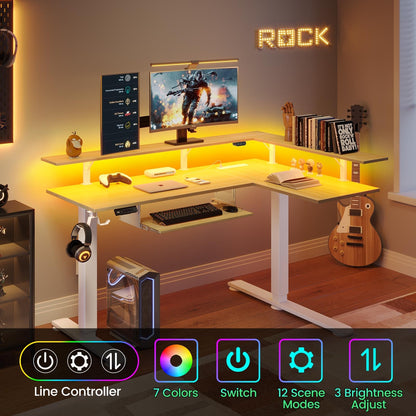 Rolanstar L shaped desk with LED light and power outlet. 61.2 height adjustable electric desk.