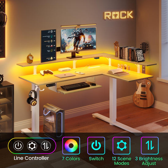 Rolanstar L shaped desk with LED light and power outlet. 61.2 height adjustable electric desk.