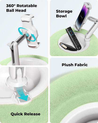 Viozon tablet stand pillow — 360° adjustable design with soft plush fabric and bowl.