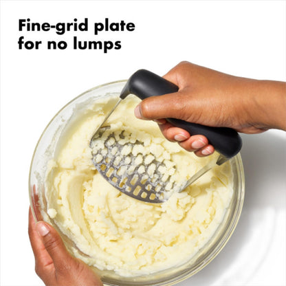 Food masher — Oxo design for easy mashing and comfort grip handle
