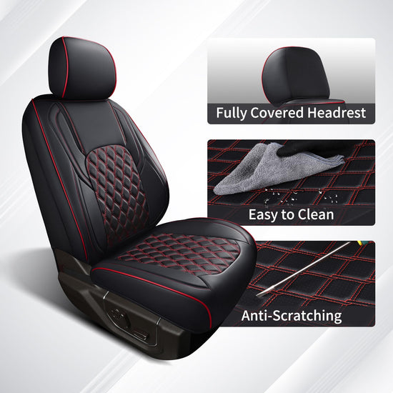 Huidasource vehicle seat covers - Full coverage for 2015-2025 Ford F150 SuperCrew and F250 F350 F450 Super Duty Crew Cab in black and red