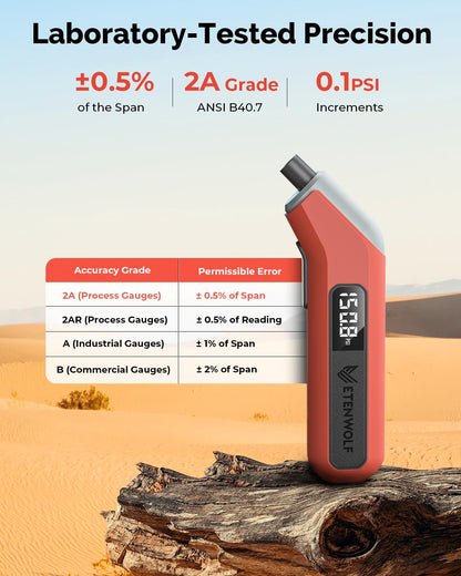 ETENWOLF digital tire pressure gauge - calibrated to ANSI B40.7 Grade 2A with replaceable batteries