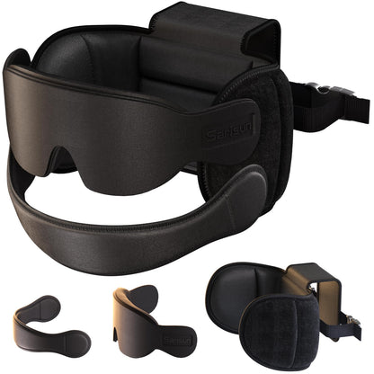 SARISUN Travel Pillow for All Airplane Seats, Airplane Pillows Combo with Chin Strap, 3D Eye Mask for Sleeping, 360° Support Travel Head Strap, Long Flights Essentials, Stop Bobblehead, Black